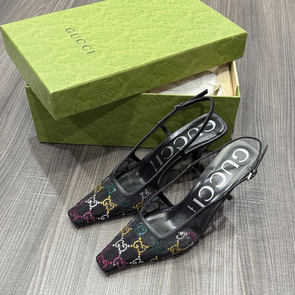 Gucci Women's Black and Multicolor Patterned Heels